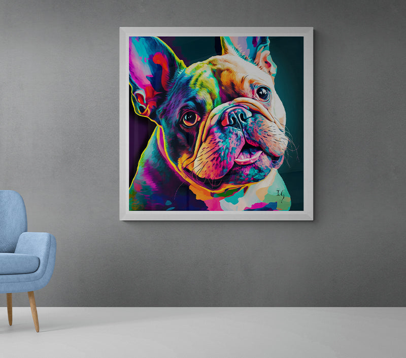 Brightly colored French Bulldog portrait on a wall.