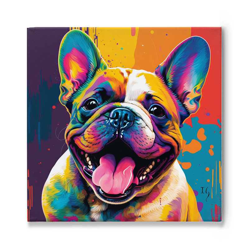 A vibrant and spirited portrait of a French Bulldog, painted in a myriad of bright colors. The dog's expressive face, featuring large, colorful ears and an open, playful mouth, pops against a splattered backdrop of yellows, purples, and blues.