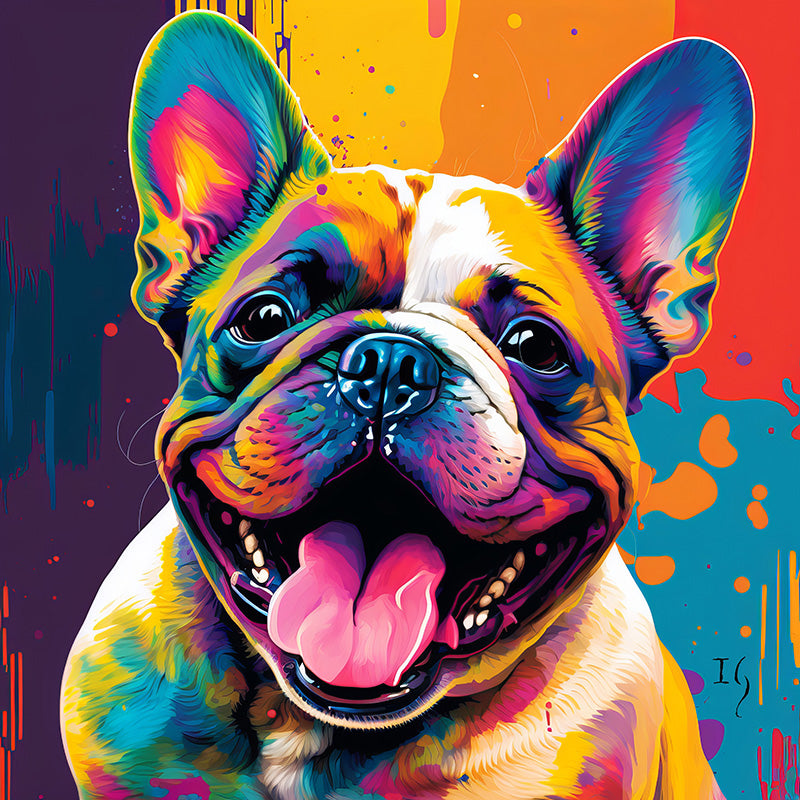 A dazzling depiction of a French Bulldog, its face painted with a kaleidoscope of colors. Its joyful expression, with eyes wide and tongue out, contrasts beautifully with the dynamic splashes of color in the background.