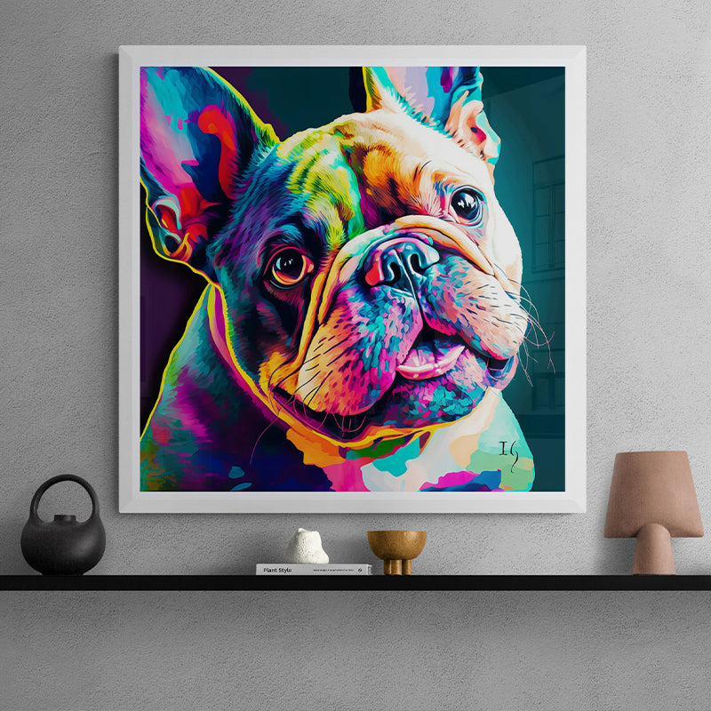 Vibrant French Bulldog portrait art in bold colors.