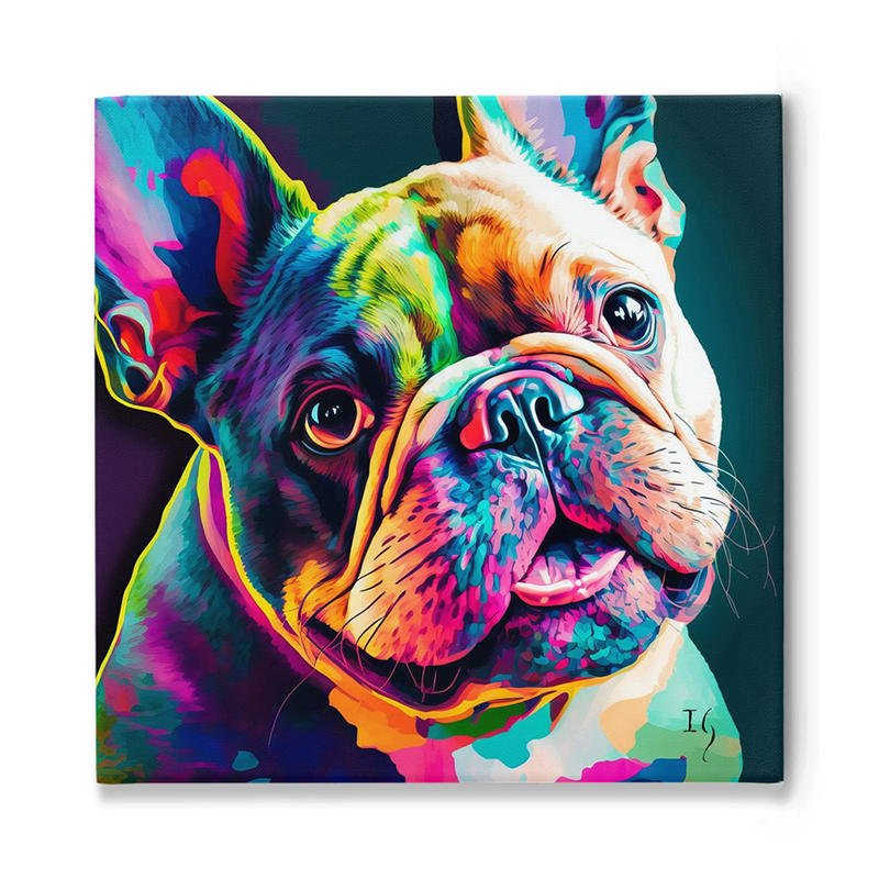 Colorful French Bulldog portrait in vibrant hues.