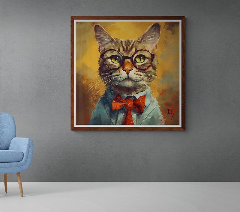 Framed whimsical cat portrait with glasses and red bow tie in modern decor