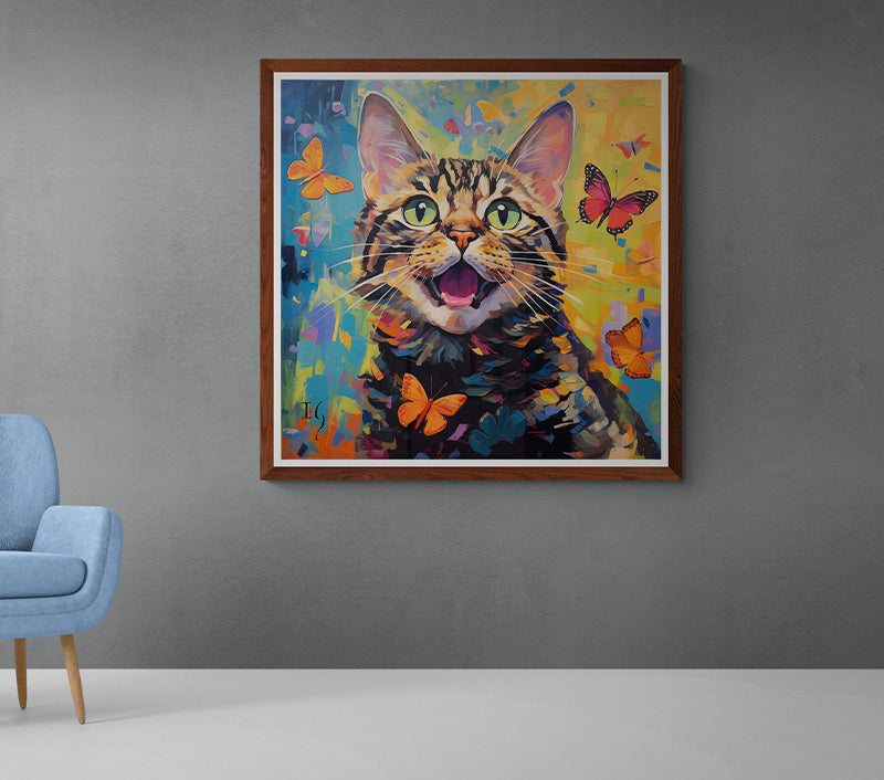 Joyful cat and butterflies in a bright, colorful setting