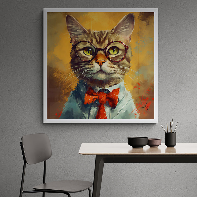 Custom pet painting: Cat with glasses and bow tie, framed in stylish interior