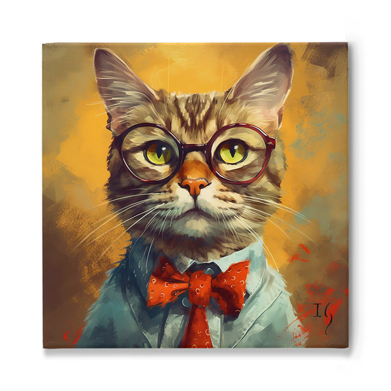 Artistic portrait of a cat wearing glasses and a bow tie