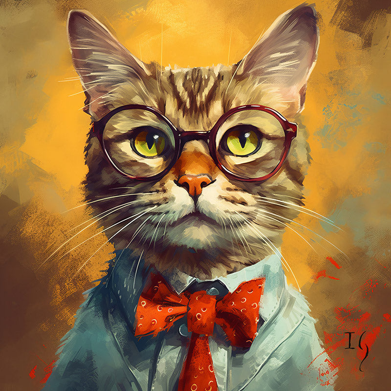 Cat dressed up with glasses and red bow tie in artistic portrait