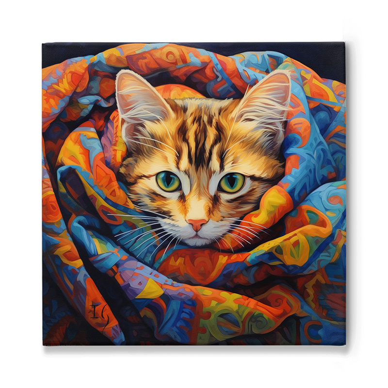Colorful painting of a cat wrapped in a vibrant blanket.