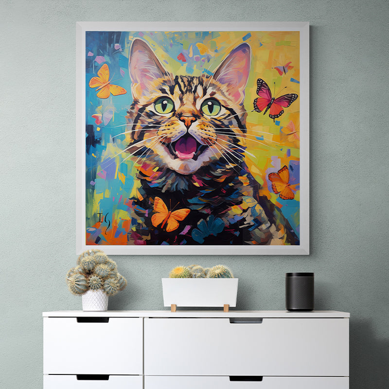 Cat painting with butterflies on a colorful background