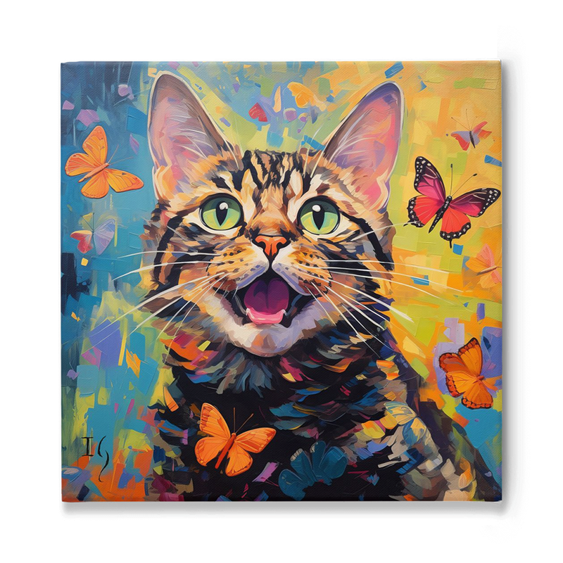 Tabby cat surrounded by colorful butterflies