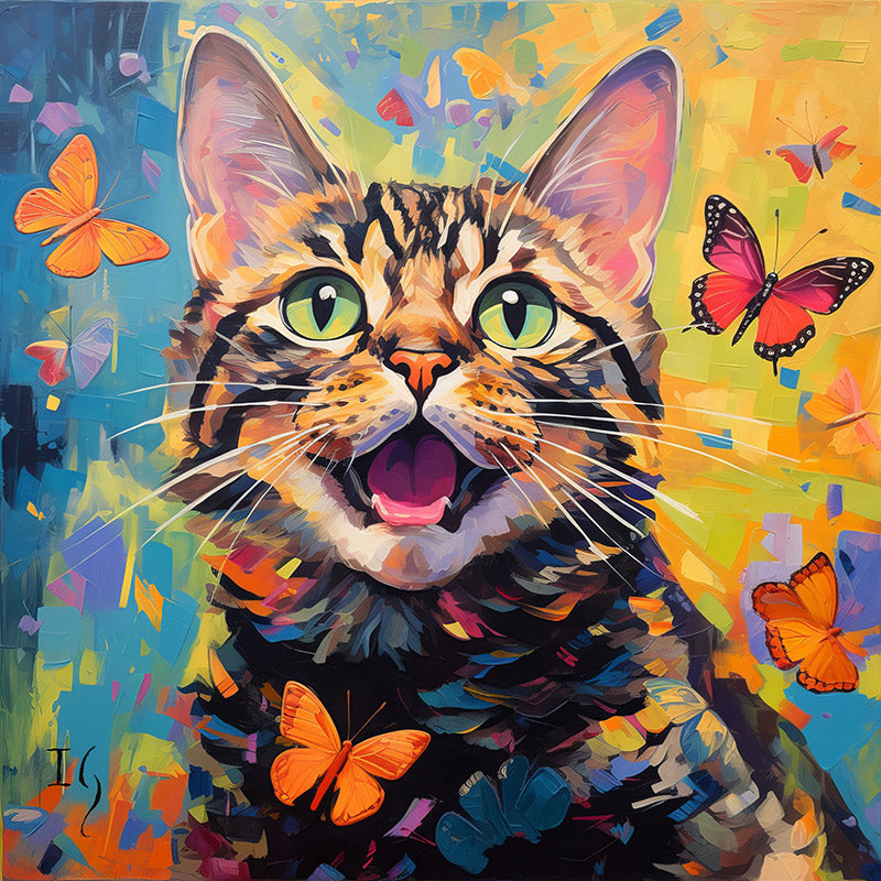 Cat and butterflies in a whimsical, colorful art piece