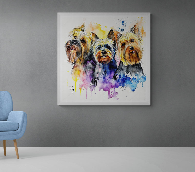 Artistic representation of a trio of Yorkshire terriers, their expressive faces captured amidst splatters of vibrant paint, showcasing their distinct personalities in a splash of colors.