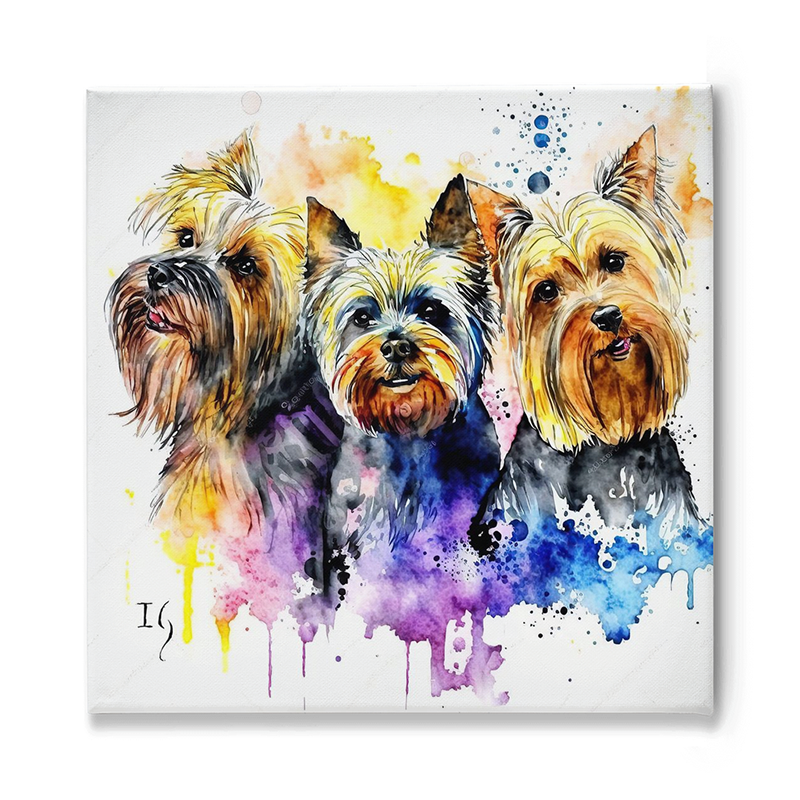 Watercolor painting of three Yorkshire terriers, their fur painted with a blend of bold and vivid colors, set against a backdrop of splashed paint drops and abstract forms.