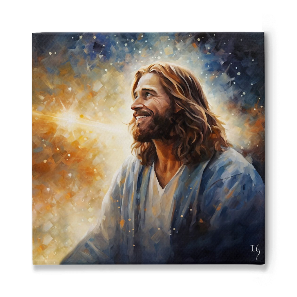 Jesus Radiance of Divine Revelation - Inspiring portrait of a man with flowing locks and a beard, dressed in a robe, gazing into a radiant light, surrounded by a celestial backdrop of warm and cool hues.