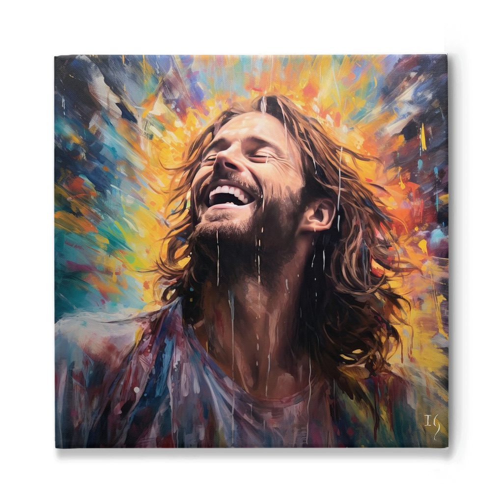 Jesus Rapture in Rain and Radiance - Vibrant artwork of a joyful man with long hair, gazing upwards, surrounded by a splash of vivid colors, as droplets of water cascade down his face.