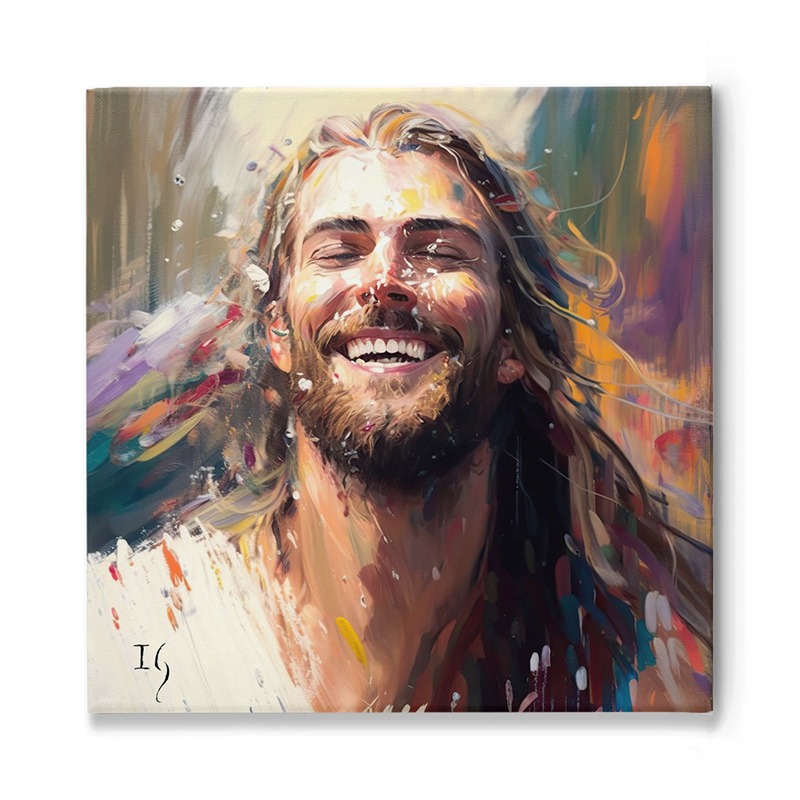 Painting of Jesus with a bright smile, capturing divine happiness.