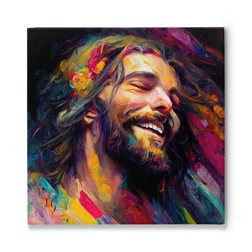 Jesus loving lord - Vibrant portrait of a man exuding joy, with a palette of rich and warm colors swirling around his wavy hair. A testament to modern art's brilliance, ideal for chic American interiors.