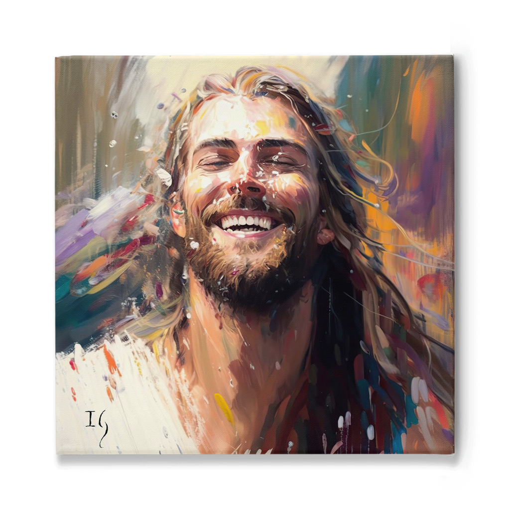 Jesus The Light of Love - Vibrant painting of a joyful bearded figure, exuding happiness amidst a whirlwind of colorful splatters. A unique piece evoking positivity and joy for modern American home interiors.